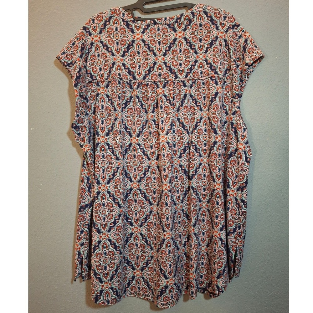 Daniel Rainn Women's 2X Medallion Paisley Split Neck Blouse Navy Orange - Picture 3 of 5